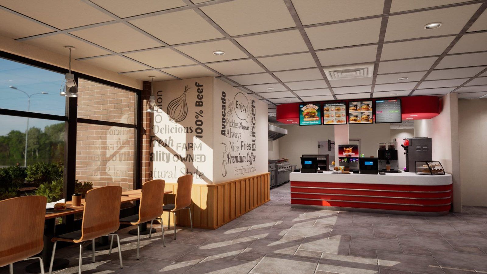 Fast Food Restaurant virtual production standing set — angle 3 on the L.A. & ABQ Castle Studios stage