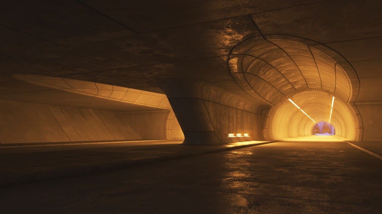 Futuristic Concrete Tunnel virtual production standing set — angle 2 on the L.A. & ABQ Castle Studios stage