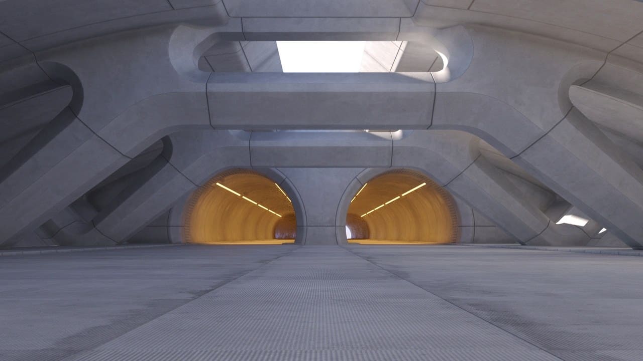 Futuristic Concrete Tunnel virtual production standing set — angle 11 on the L.A. & ABQ Castle Studios stage