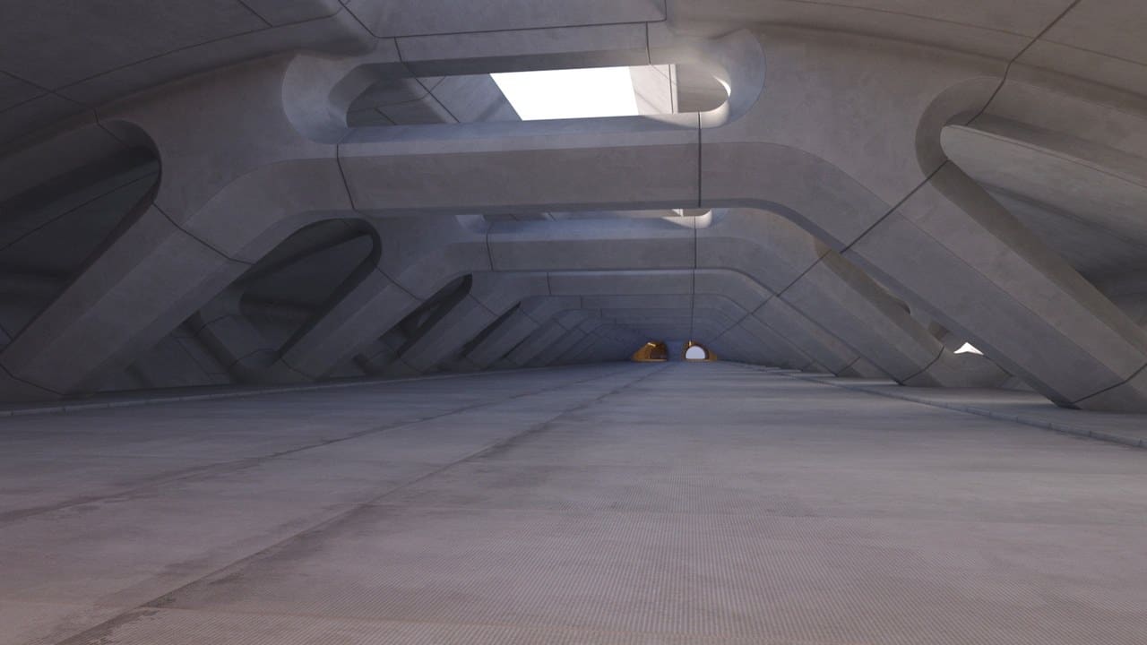 Futuristic Concrete Tunnel virtual production standing set — angle 12 on the L.A. & ABQ Castle Studios stage