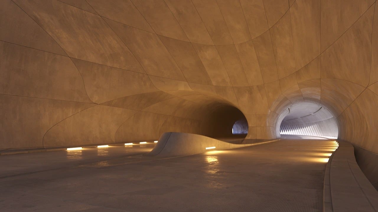 Futuristic Concrete Tunnel virtual production standing set — angle 13 on the L.A. & ABQ Castle Studios stage