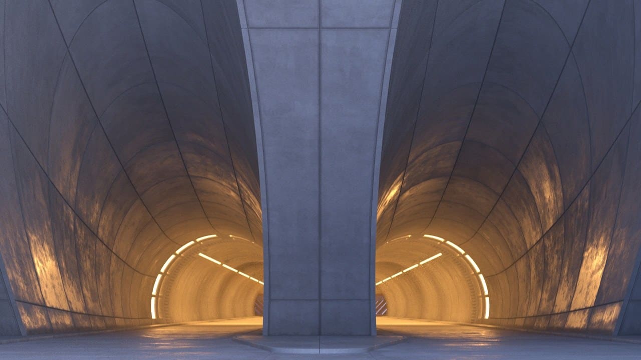 Futuristic Concrete Tunnel virtual production standing set — angle 14 on the L.A. & ABQ Castle Studios stage