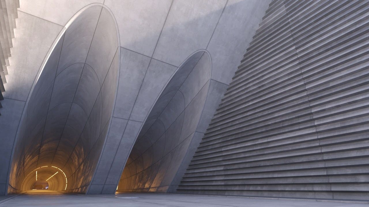 Futuristic Concrete Tunnel virtual production standing set — angle 15 on the L.A. & ABQ Castle Studios stage