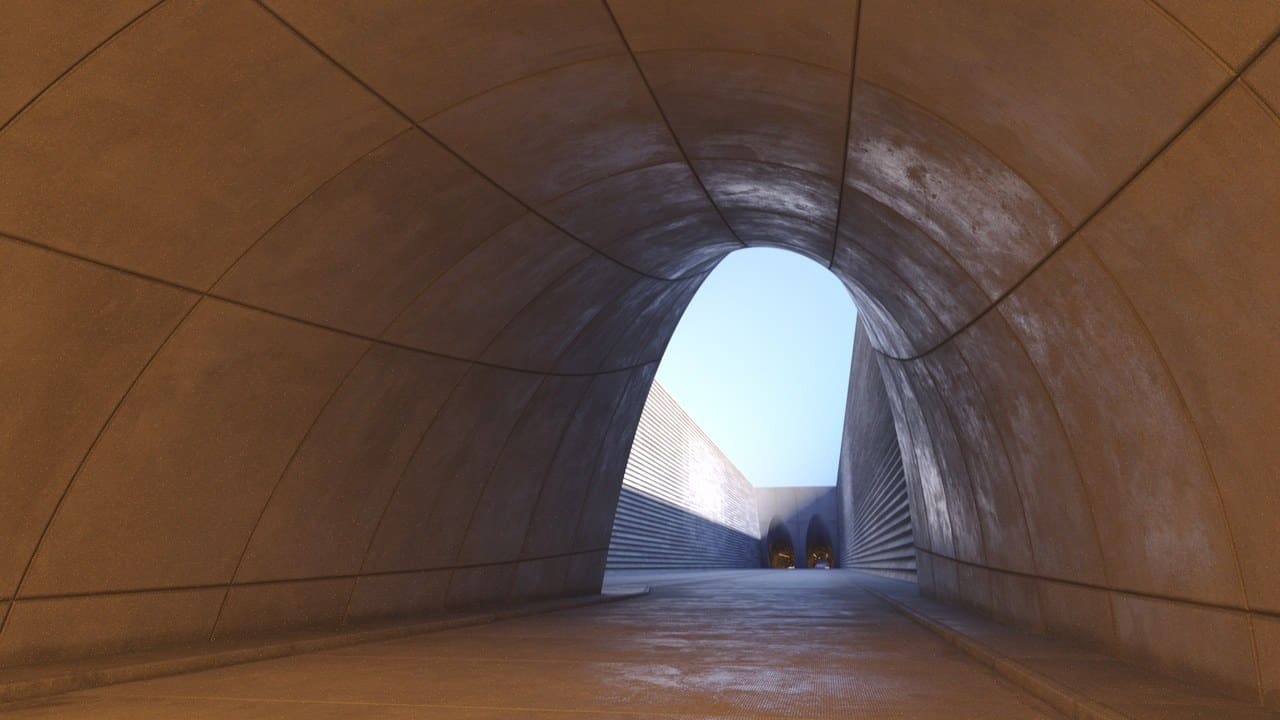 Futuristic Concrete Tunnel virtual production standing set — angle 16 on the L.A. & ABQ Castle Studios stage