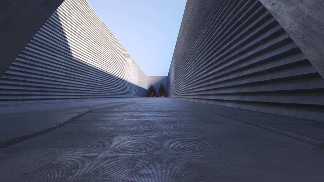 Futuristic Concrete Tunnel virtual production standing set — angle 17 on the L.A. & ABQ Castle Studios stage