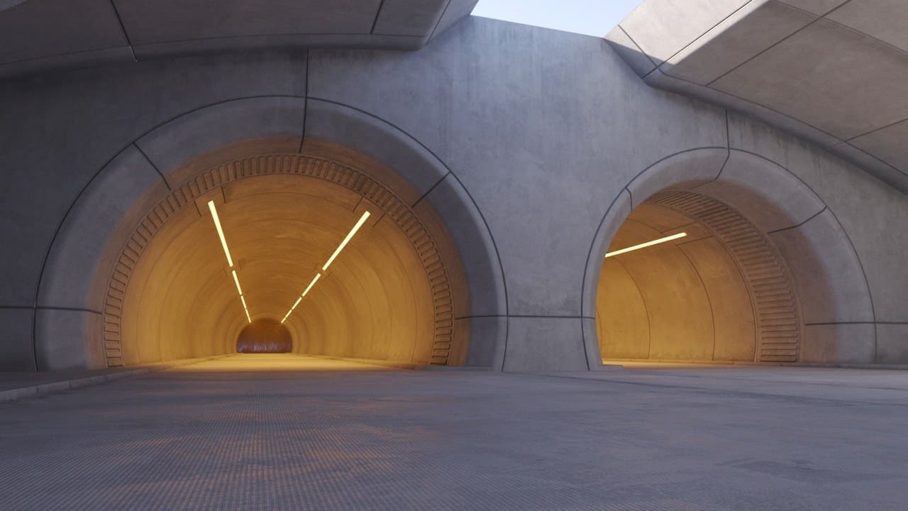 Futuristic Concrete Tunnel virtual production standing set — angle 18 on the L.A. & ABQ Castle Studios stage