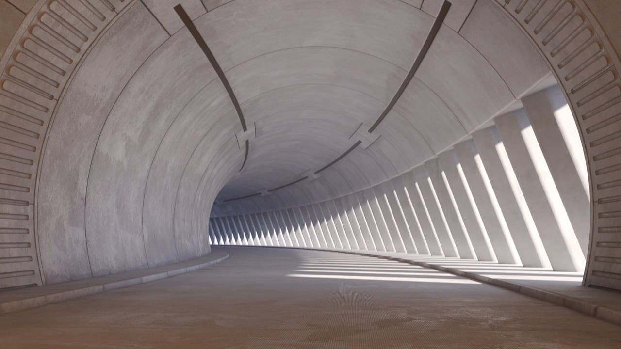Futuristic Concrete Tunnel virtual production standing set — angle 3 on the L.A. & ABQ Castle Studios stage