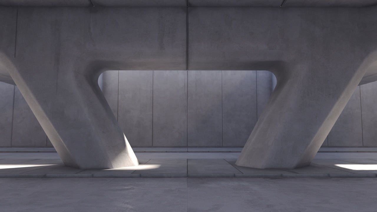 Futuristic Concrete Tunnel virtual production standing set — angle 4 on the L.A. & ABQ Castle Studios stage