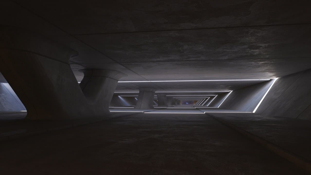Futuristic Concrete Tunnel virtual production standing set — angle 5 on the L.A. & ABQ Castle Studios stage