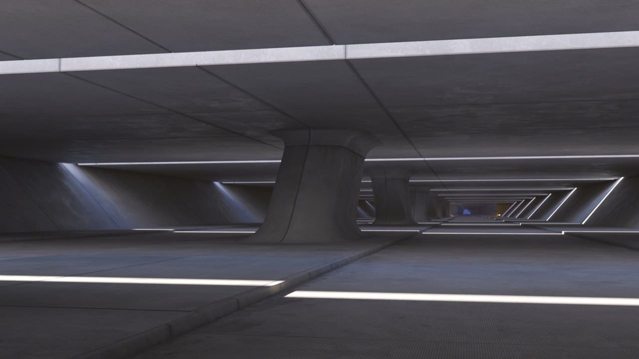 Futuristic Concrete Tunnel virtual production standing set — angle 6 on the L.A. & ABQ Castle Studios stage
