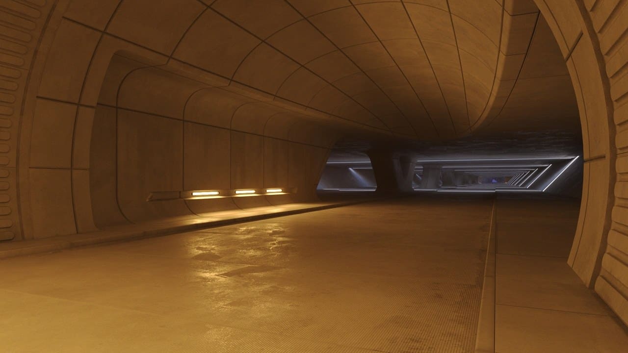 Futuristic Concrete Tunnel virtual production standing set — angle 7 on the L.A. & ABQ Castle Studios stage
