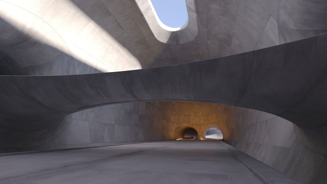 Futuristic Concrete Tunnel virtual production standing set — angle 8 on the L.A. & ABQ Castle Studios stage
