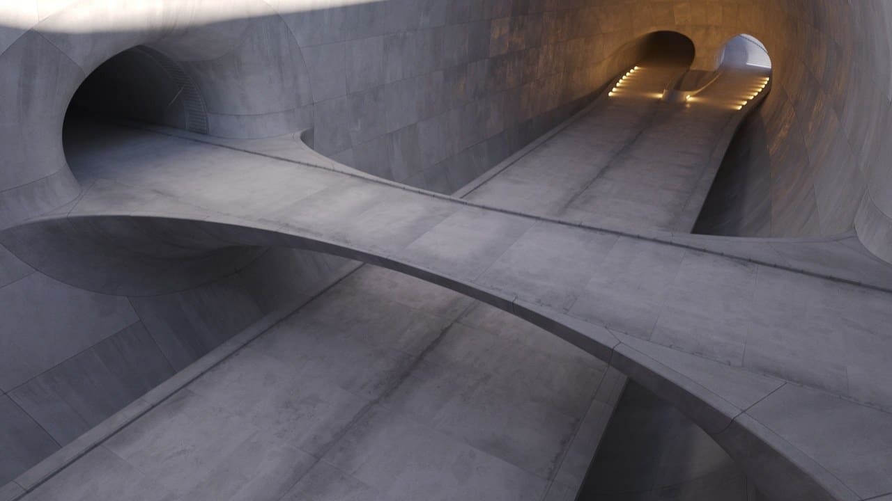 Futuristic Concrete Tunnel virtual production standing set — angle 9 on the L.A. & ABQ Castle Studios stage