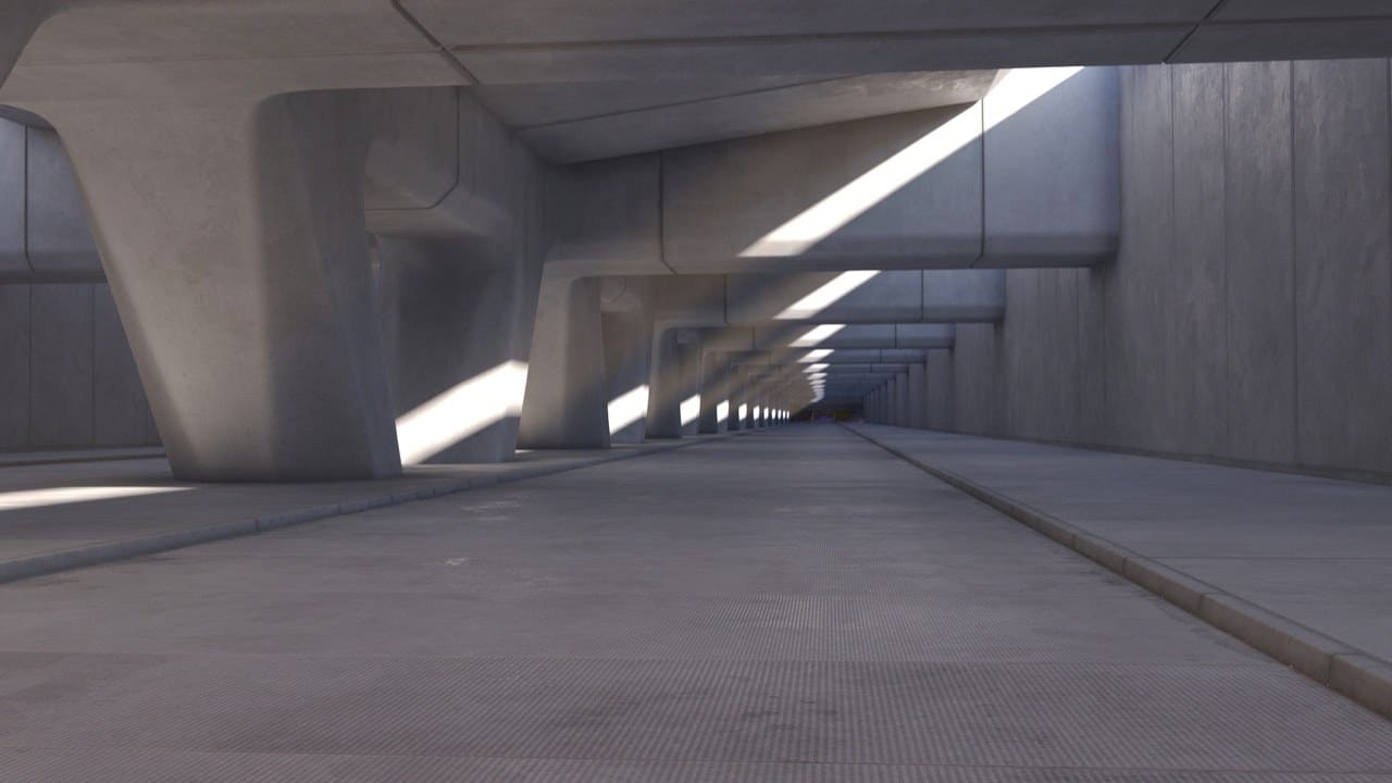Futuristic Concrete Tunnel virtual production standing set — angle 10 on the L.A. & ABQ Castle Studios stage
