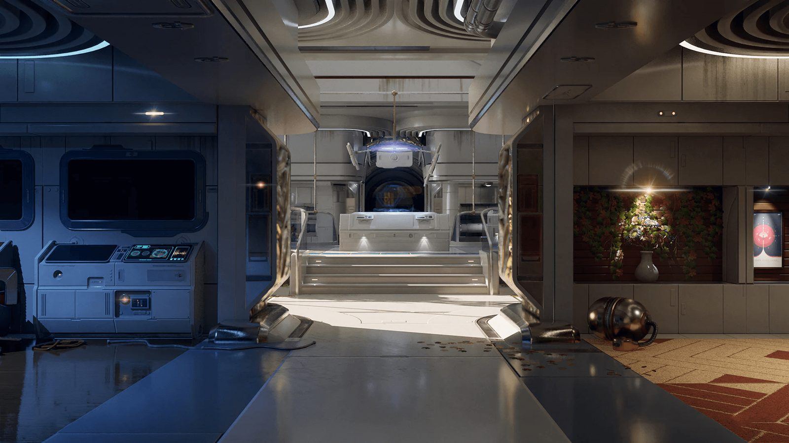 Futuristic Living Quarters virtual production standing set — angle 3 on the L.A. & ABQ Castle Studios stage