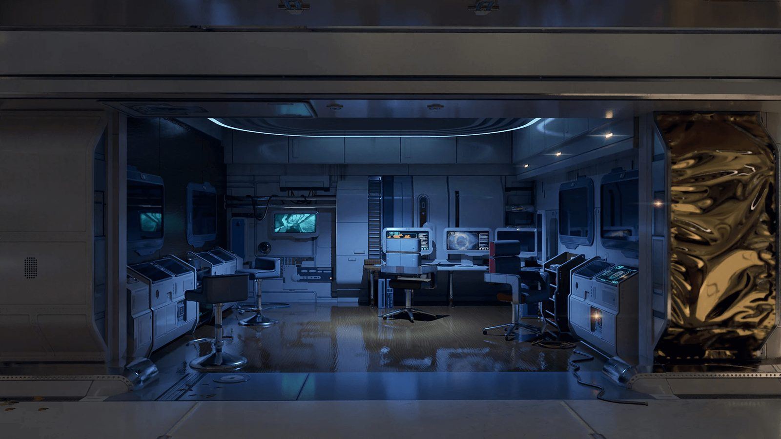 Futuristic Living Quarters virtual production standing set — angle 4 on the L.A. & ABQ Castle Studios stage