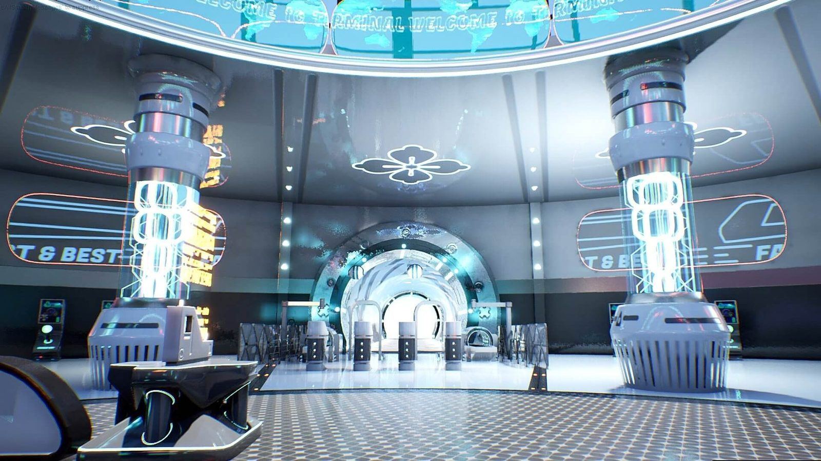 Futuristic Spaceport virtual production standing set — angle 8 on the L.A. & ABQ Castle Studios stage