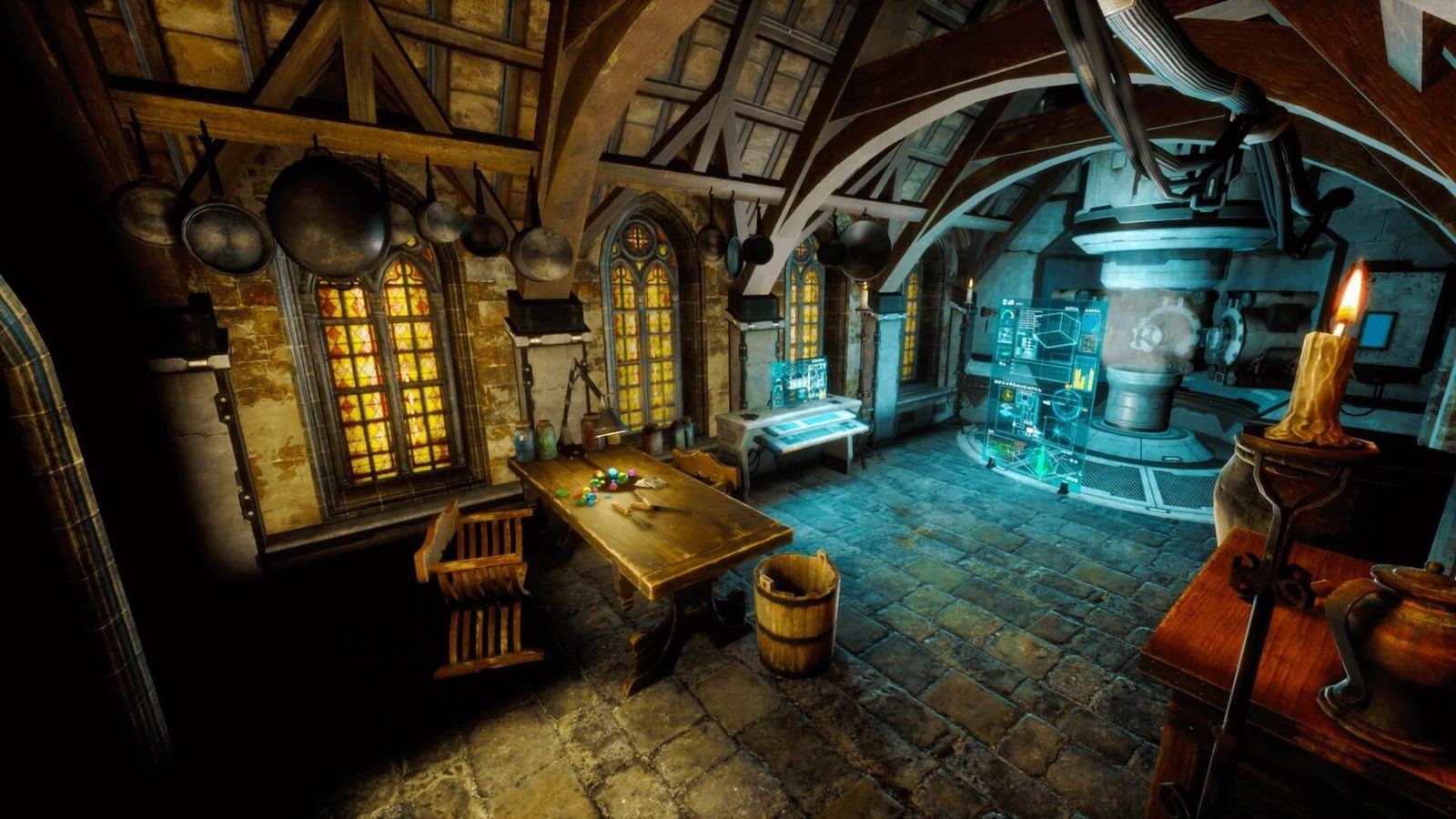 Hideout virtual production standing set — angle 2 on the L.A. & ABQ Castle Studios stage