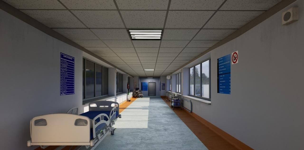 Hospital Corridor virtual production standing set — angle 2 on the L.A. & ABQ Castle Studios stage