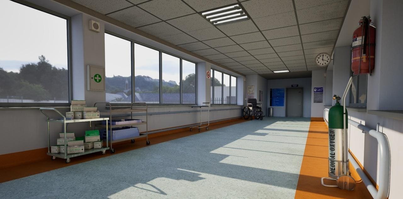 Hospital Corridor virtual production standing set — angle 4 on the L.A. & ABQ Castle Studios stage