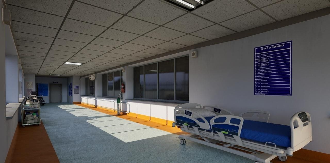Hospital Corridor virtual production standing set — angle 5 on the L.A. & ABQ Castle Studios stage