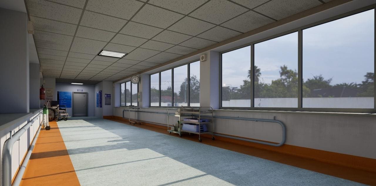 Hospital Corridor virtual production standing set — angle 6 on the L.A. & ABQ Castle Studios stage