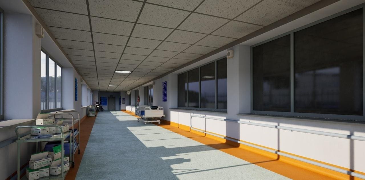 Hospital Corridor virtual production standing set — angle 7 on the L.A. & ABQ Castle Studios stage