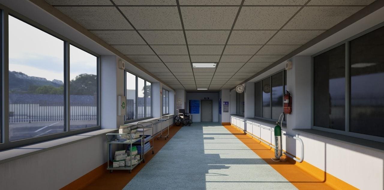 Hospital Corridor virtual production standing set — angle 8 on the L.A. & ABQ Castle Studios stage
