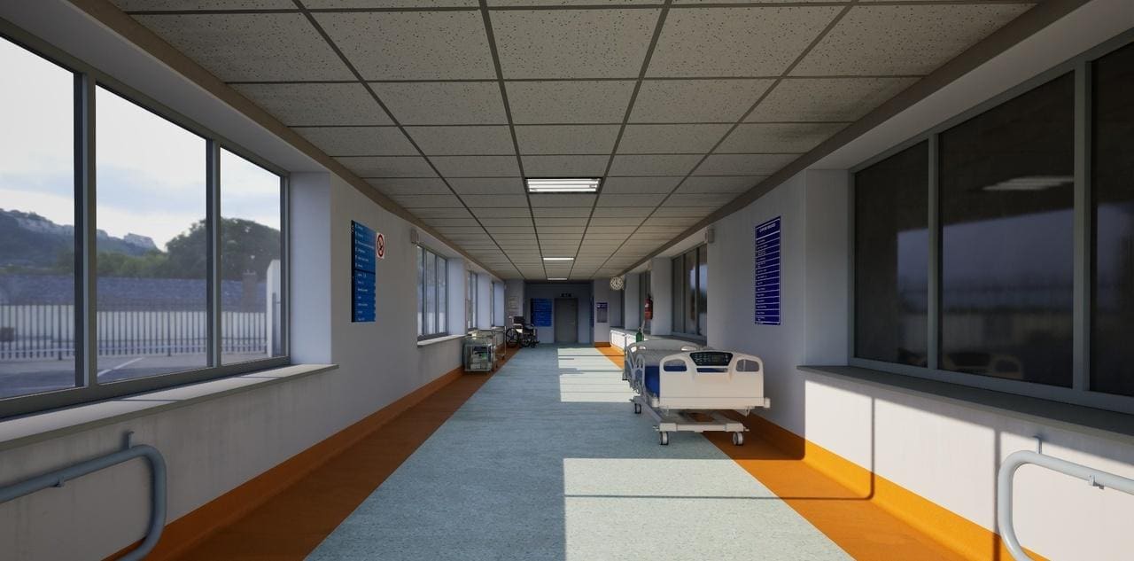 Hospital Corridor virtual production standing set — angle 9 on the L.A. & ABQ Castle Studios stage
