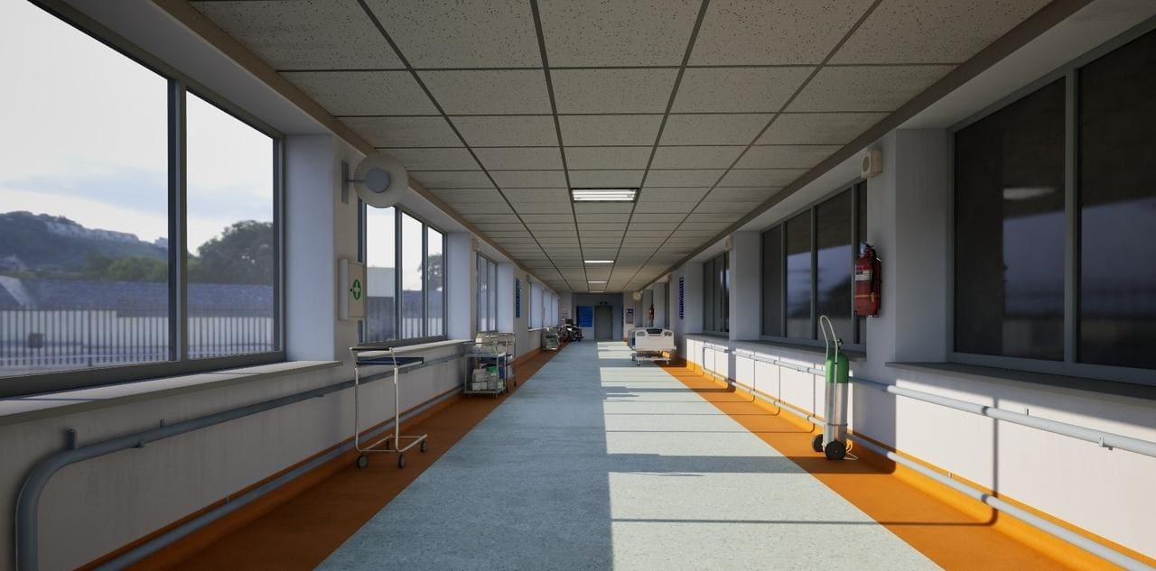 Hospital Corridor virtual production film set — Unreal Engine standing set at L.A. & ABQ Castle Studios