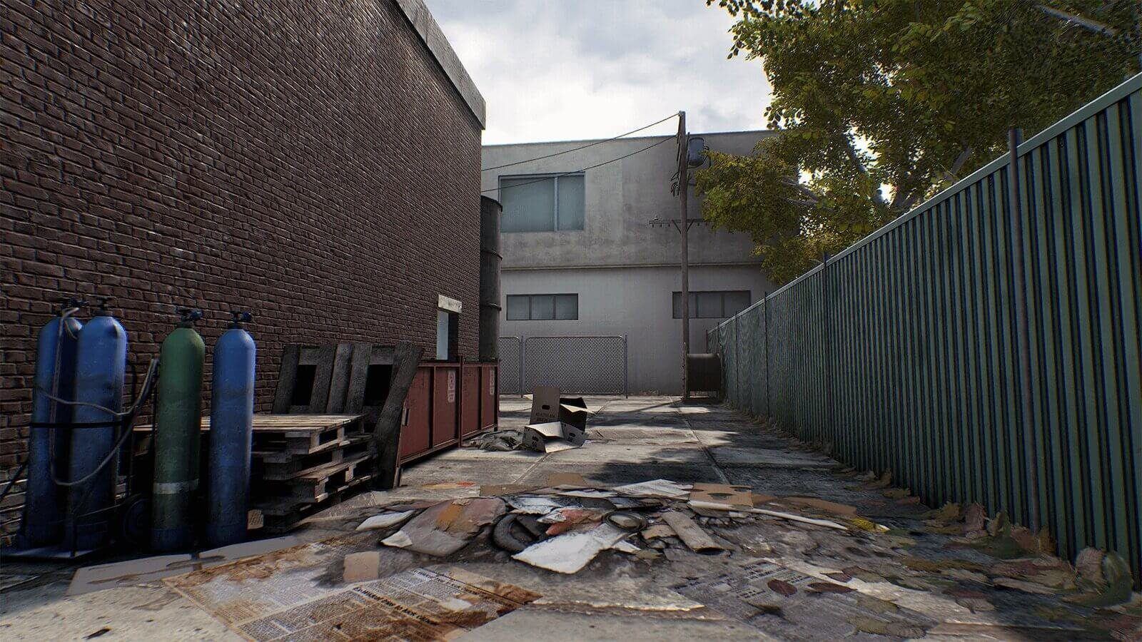 Industrial Area virtual production standing set — angle 5 on the L.A. & ABQ Castle Studios stage