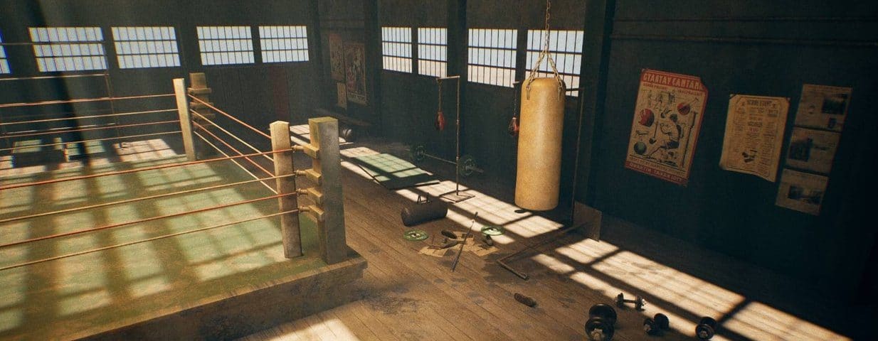 Iron Legacy Boxing Gym virtual production standing set — angle 2 on the L.A. & ABQ Castle Studios stage