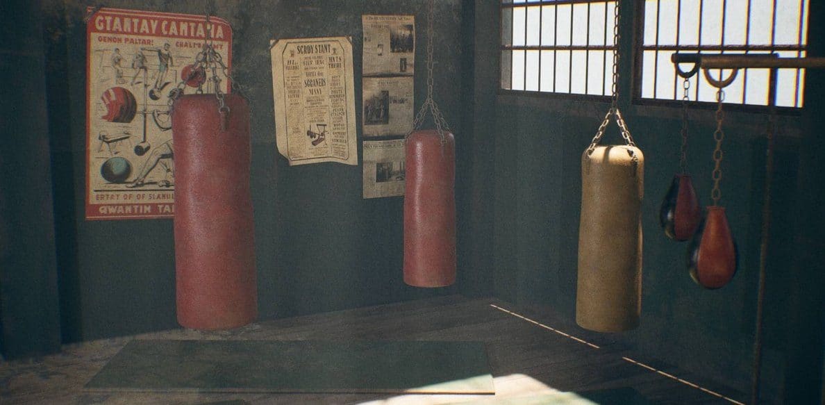 Iron Legacy Boxing Gym virtual production standing set — angle 4 on the L.A. & ABQ Castle Studios stage