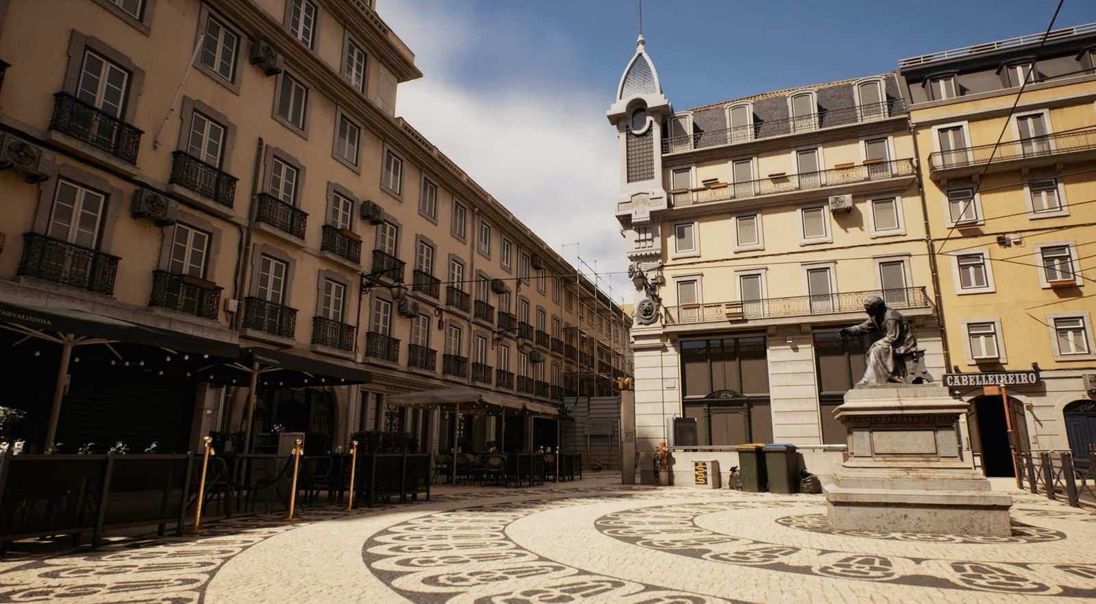 Lisbon Square virtual production standing set — angle 2 on the L.A. & ABQ Castle Studios stage