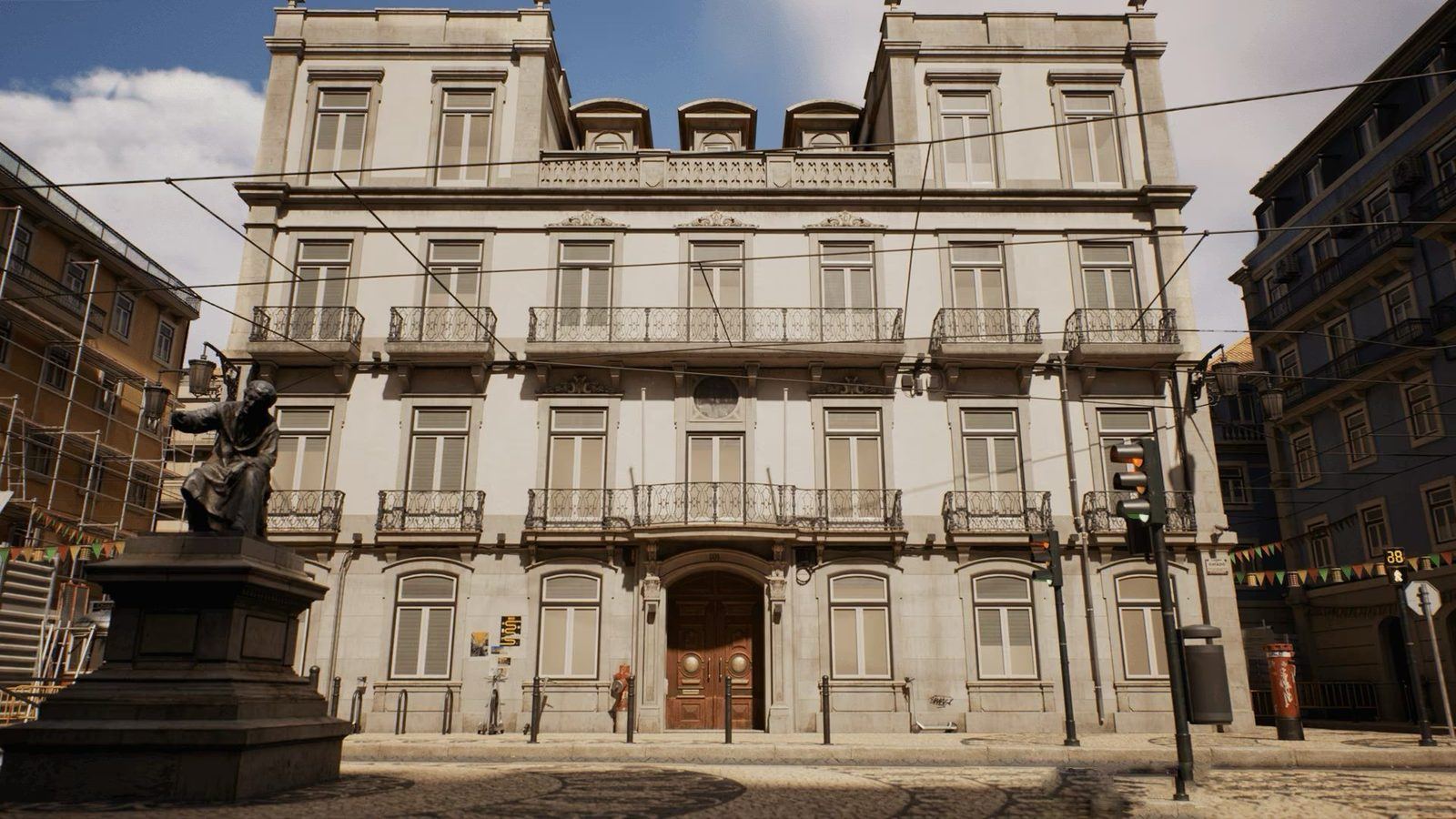 Lisbon Square virtual production standing set — angle 3 on the L.A. & ABQ Castle Studios stage