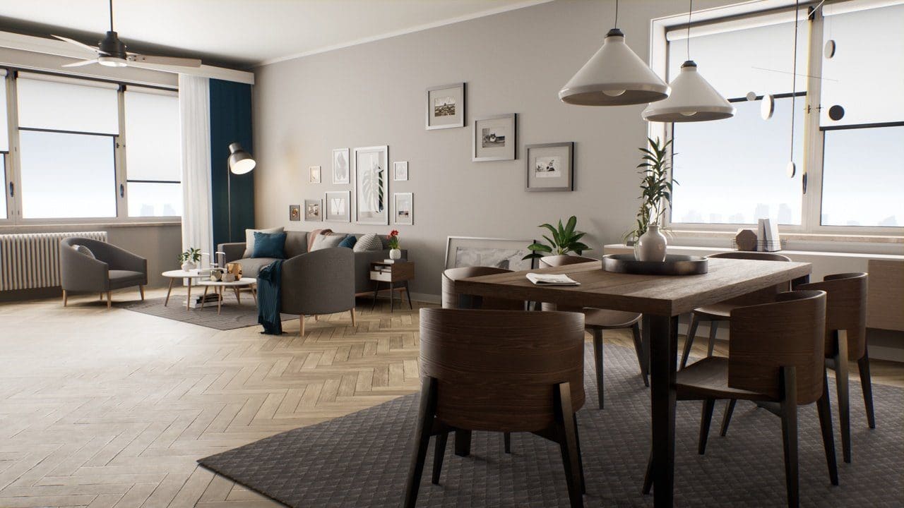 Living Room Apartment virtual production standing set — angle 6 on the L.A. & ABQ Castle Studios stage