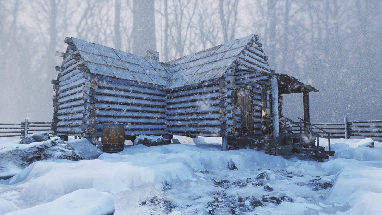 Log Cabin virtual production standing set — angle 2 on the L.A. & ABQ Castle Studios stage
