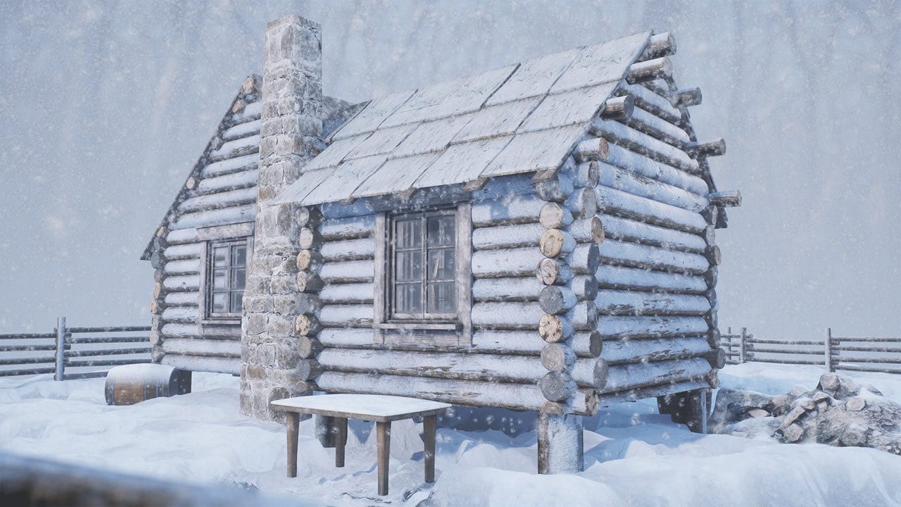 Log Cabin virtual production standing set — angle 3 on the L.A. & ABQ Castle Studios stage
