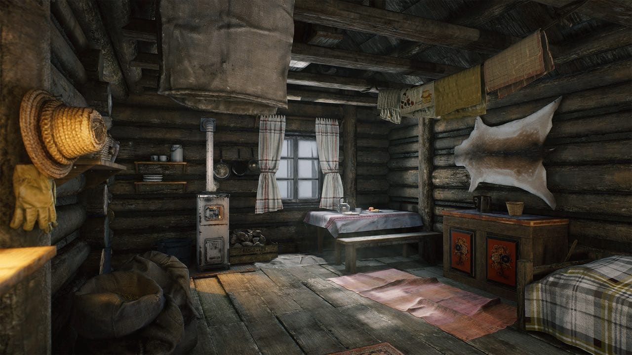 Log Cabin virtual production standing set — angle 9 on the L.A. & ABQ Castle Studios stage