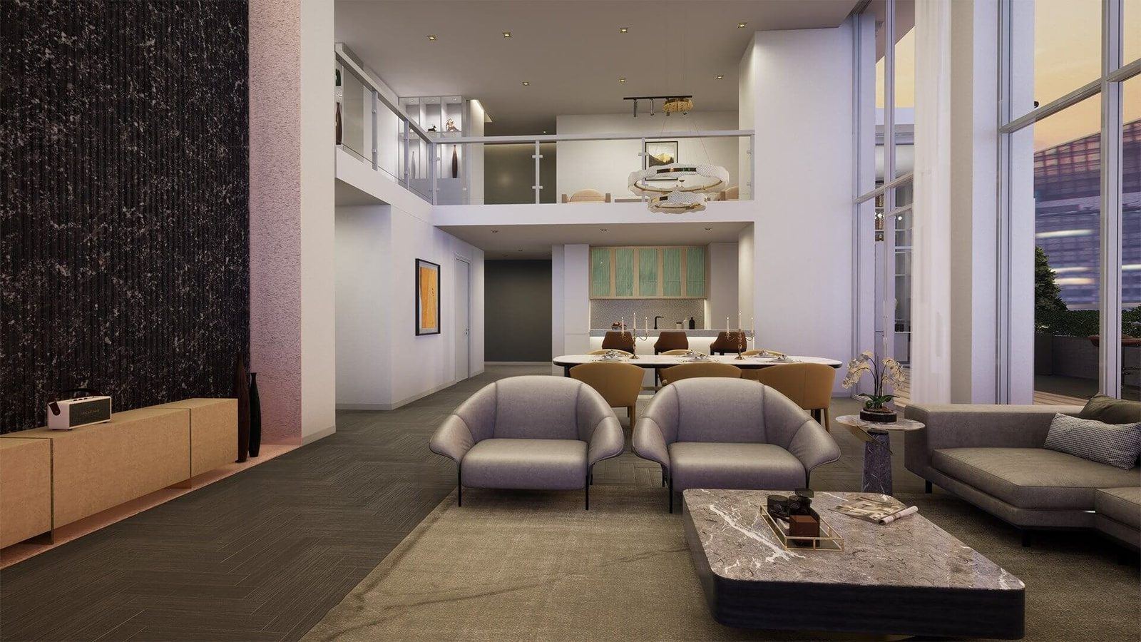 Manhattan Penthouse virtual production standing set — angle 2 on the L.A. & ABQ Castle Studios stage