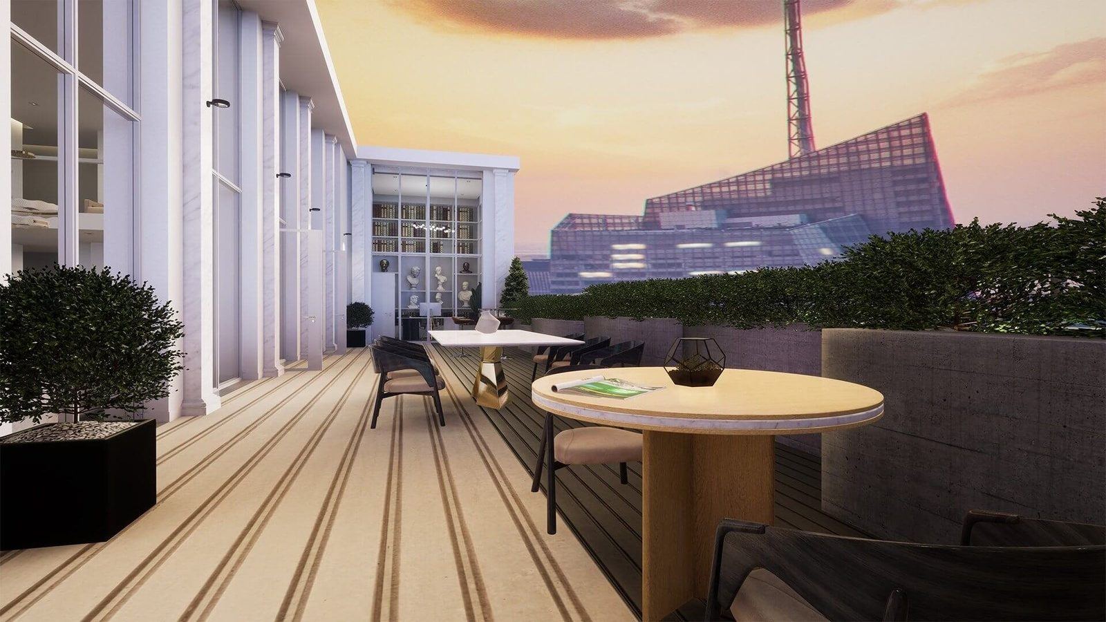 Manhattan Penthouse virtual production standing set — angle 4 on the L.A. & ABQ Castle Studios stage