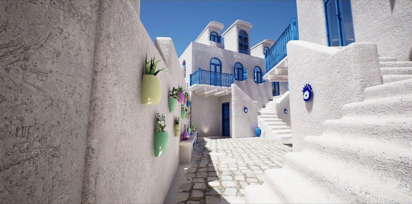 Mediterranean virtual production standing set — angle 13 on the L.A. & ABQ Castle Studios stage