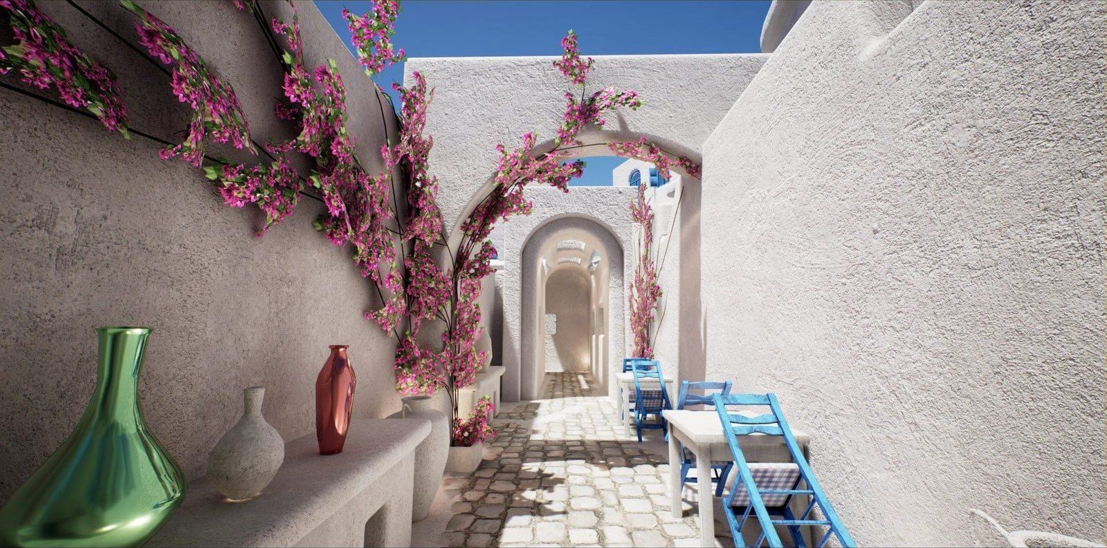 Mediterranean virtual production standing set — angle 9 on the L.A. & ABQ Castle Studios stage