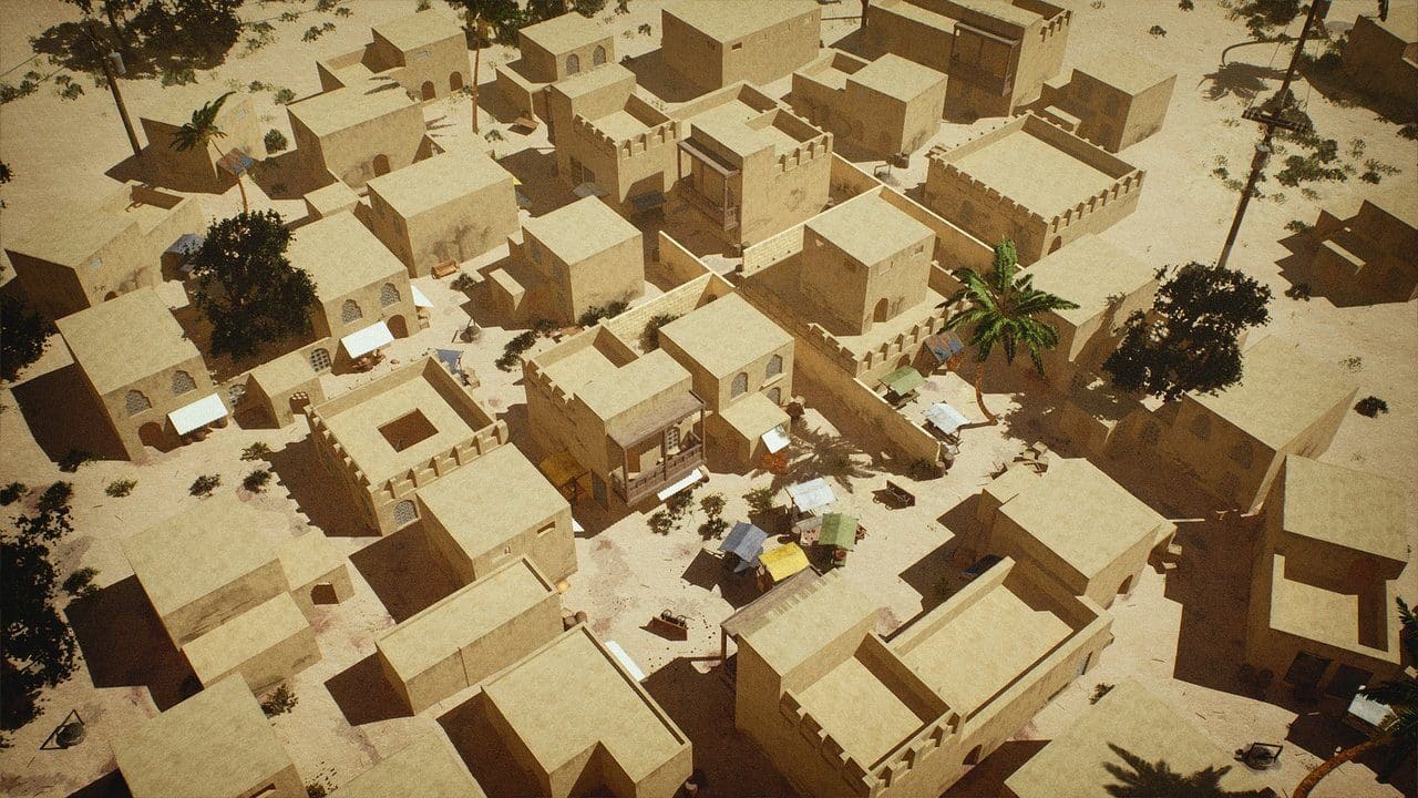 Middle Eastern Desert Town virtual production standing set — angle 3 on the L.A. & ABQ Castle Studios stage