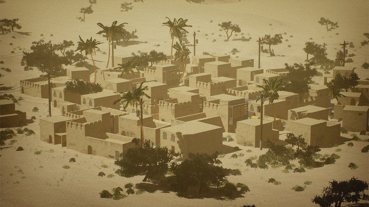 Middle Eastern Desert Town virtual production standing set — angle 4 on the L.A. & ABQ Castle Studios stage