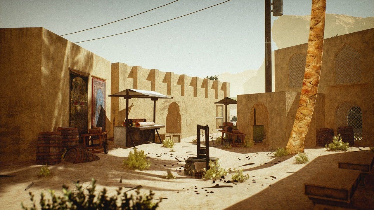 Middle Eastern Desert Town virtual production standing set — angle 5 on the L.A. & ABQ Castle Studios stage