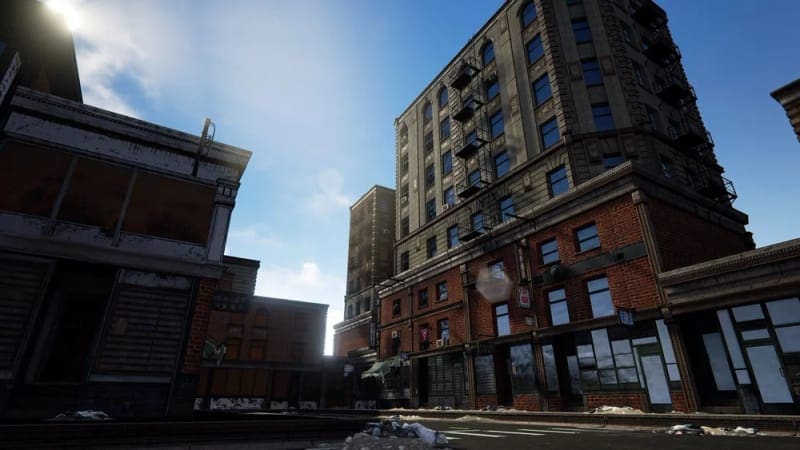 Modern City virtual production set — four-up grid showing brownstone-lined streets and downtown intersections at different times of day