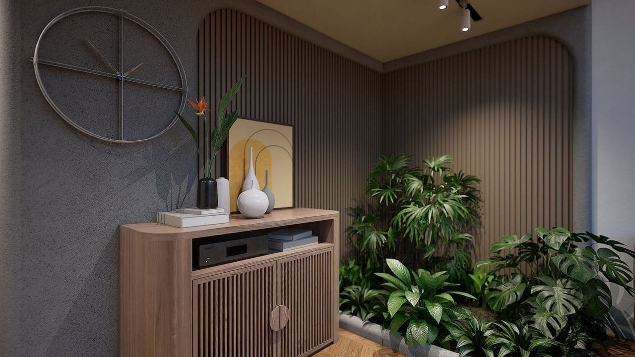 Modern Tropical Home virtual production standing set — angle 15 on the L.A. & ABQ Castle Studios stage