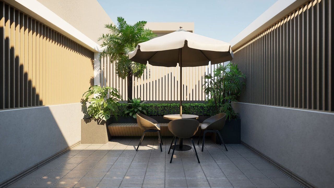 Modern Tropical Home virtual production standing set — angle 4 on the L.A. & ABQ Castle Studios stage