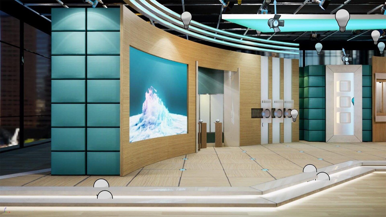 Morning Show Talk Show virtual production standing set — angle 2 on the L.A. & ABQ Castle Studios stage